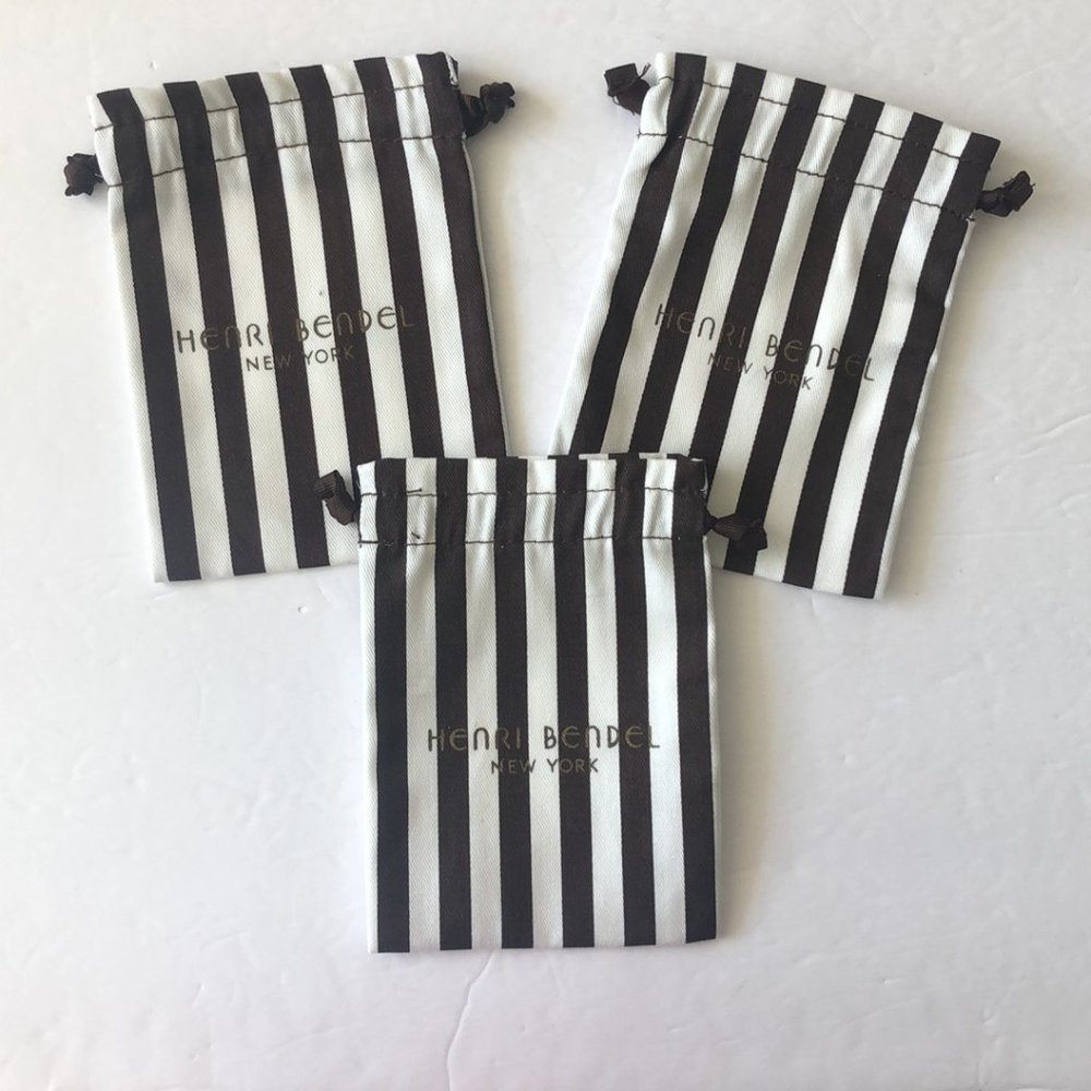 3 Henri Bendel Brown Ivory Small Dust Bag 4.5" x 6" Travel Stripe Drawst…